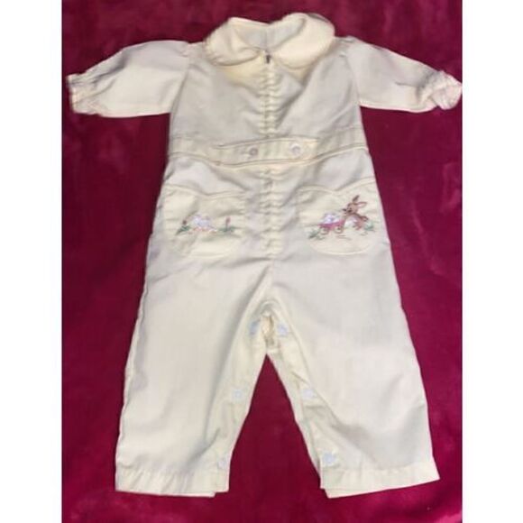 Vtg Yellow Bunny Rabbit Embroidered Coveralls Jumpsuit One Piece  Sz12-18 Months - Picture 11 of 12